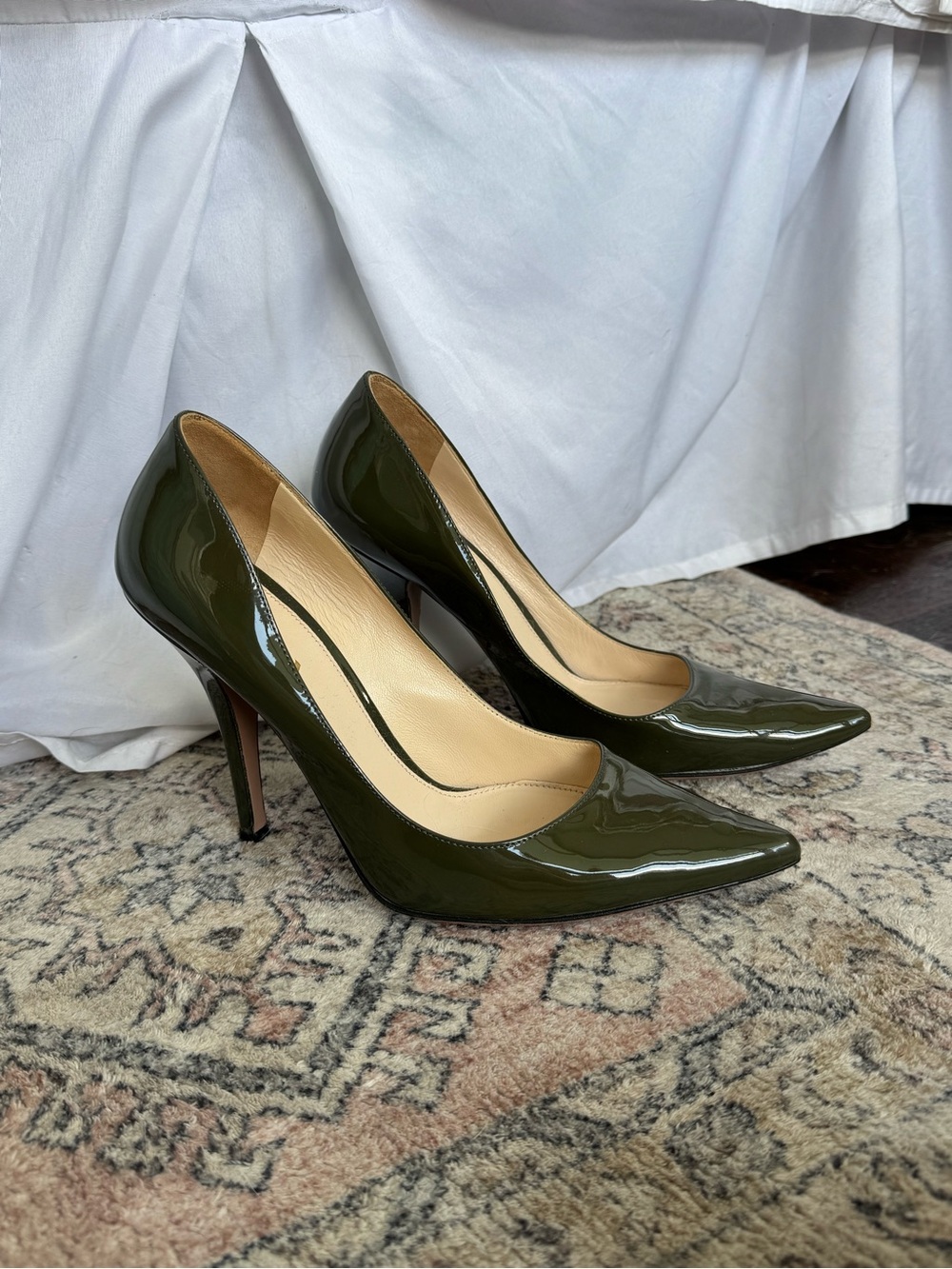 Pointed-Toe Olive Green Patent Prada Heels